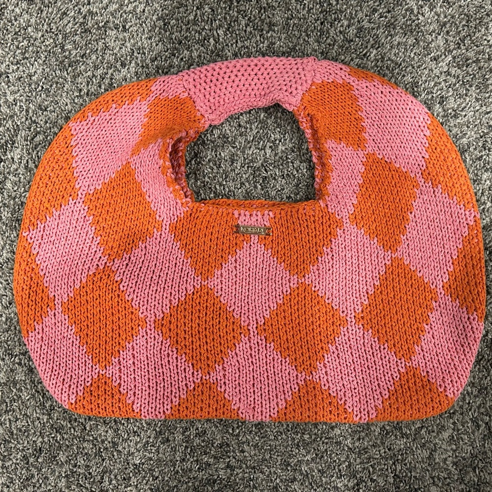 Vibrant Pink and Orange Shoulder Bag with Checkered Pattern